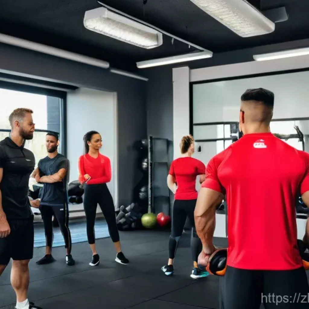 피트니스 경영사 직무 교육과 코칭 사례 - **Prompt:** A dynamic and brightly lit professional fitness academy, where a diverse group of 8-10 p...
