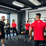 피트니스 경영사 직무 교육과 코칭 사례 - **Prompt:** A dynamic and brightly lit professional fitness academy, where a diverse group of 8-10 p...