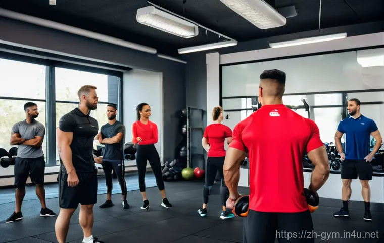 피트니스 경영사 직무 교육과 코칭 사례 - **Prompt:** A dynamic and brightly lit professional fitness academy, where a diverse group of 8-10 p...