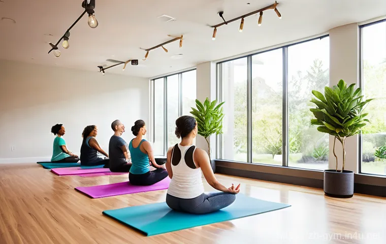 피트니스 경영사 직무 교육과 코칭 사례 - **Prompt:** A futuristic and minimalist gym interior, bathed in soft, cool-toned ambient lighting (b...