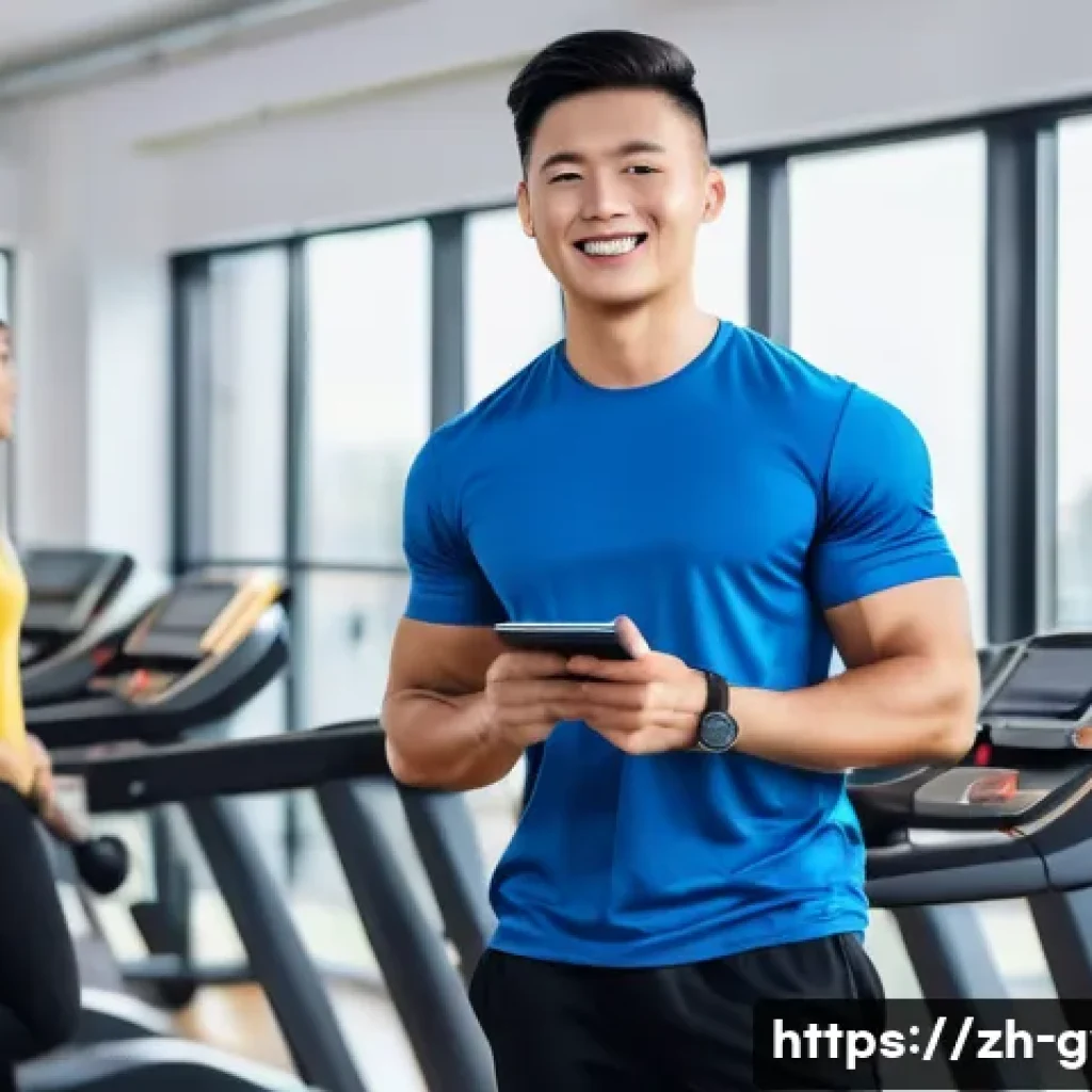피트니스 경영사로서 인턴십 경험 활용법 - A modern fitness club scene showing a young intern actively participating in daily gym operations: t...