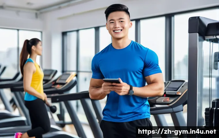 피트니스 경영사로서 인턴십 경험 활용법 - A modern fitness club scene showing a young intern actively participating in daily gym operations: t...