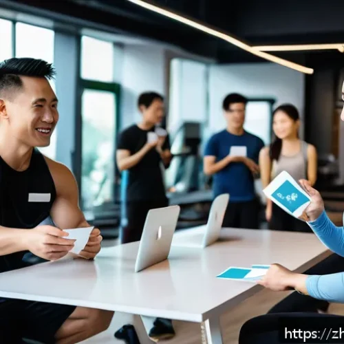 피트니스 경영사 네트워킹 중요성과 방법 - A modern fitness networking event scene in a stylish gym, diverse group of professionals including f...