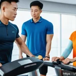 피트니스 경영사와 운동 프로그램 기획 - A modern fitness studio scene showing a diverse group of adult clients undergoing personalized physi...