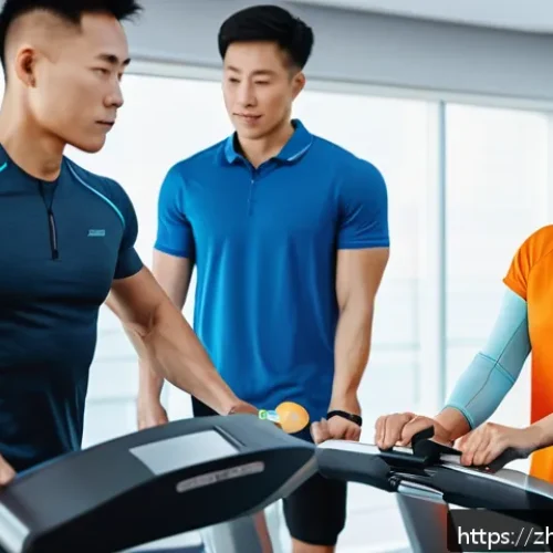 피트니스 경영사와 운동 프로그램 기획 - A modern fitness studio scene showing a diverse group of adult clients undergoing personalized physi...