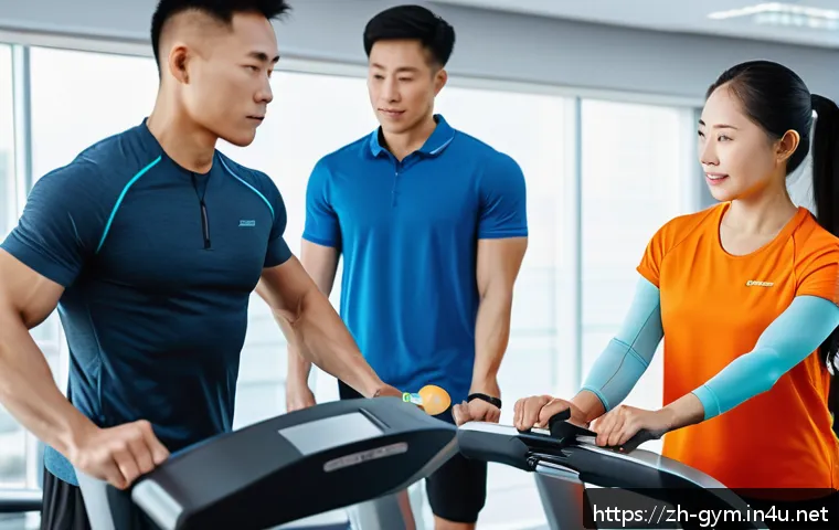 피트니스 경영사와 운동 프로그램 기획 - A modern fitness studio scene showing a diverse group of adult clients undergoing personalized physi...
