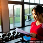 피트니스 경영사 자격증 취득 후 경력 관리 - Photorealistic modern fitness business office, a confident East Asian fitness manager in smart casua...