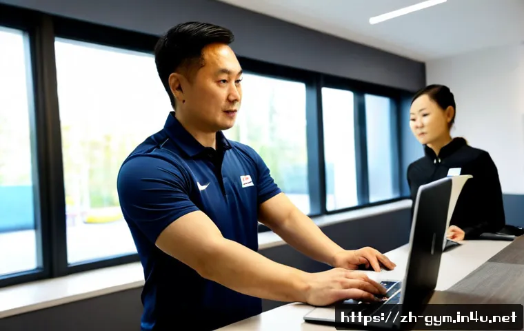 피트니스 경영사와 HR 관리 - Photorealistic fitness club manager and HR specialist reviewing staff schedules on a laptop at a cle...